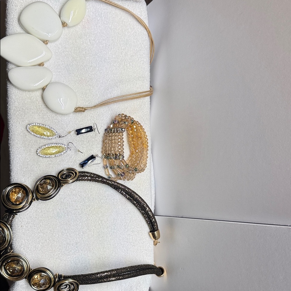 Mixed Jewelry Lot - White Resin Necklace, Gold Multi-Strand Bracelet, Earrings
